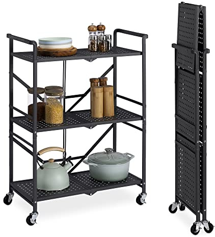 Navaris Rollwagen klappbar 3 Etagen - Servierwagen mit Rollen - klappbarer Rollenwagen - Etagenwagen Regal für Küche Büro - 3-stöckiger Schiebewagen - Grau