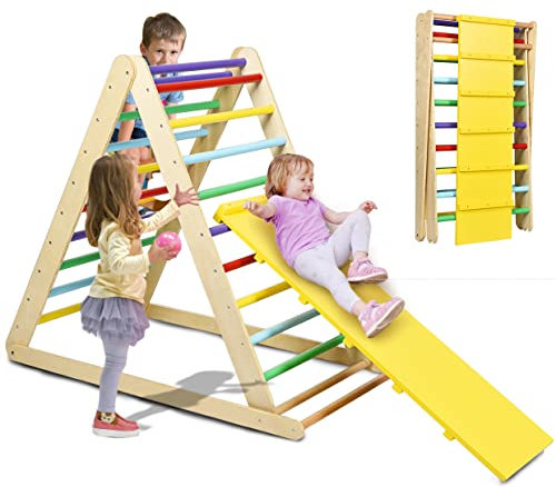 COSTWAY Triangle d'escalade Montessori Enfant avec Rampe, Échelle d’Escalade Pliable en Bois avec Structure Stable, Charge 50KG, Aire de Jeux d’Escalade Intérieur pour Grimper pour Bébé 1 an+