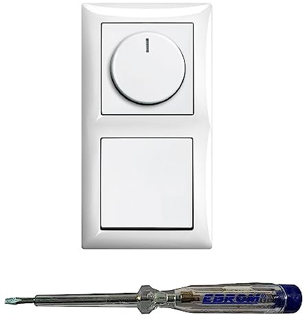 Busch Jäger 6523U-102 LED Drehdimmer Dimmer + Dimmerscheibe 2115-914 und Lichttaster 2020 US in Balance Si alpinweiß glänzend inklusive EBROM Phasenprüfer zur Montage der Geräte (6523 U – 102)