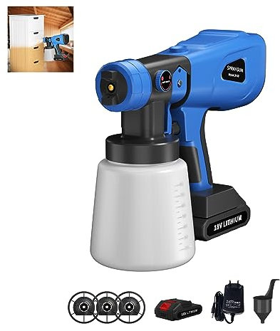 Akku-Farbsprühsystem 500W, Lackierpistole 500 ml/min, 1000 ml Farbbehälter, Inkl 1/1.5/1.8/2.5mm Düse und Akku, 2 Sprühmuster, Verstellbarem Farbfluss, Farbsprühpistole für Innen- und Außenbereich