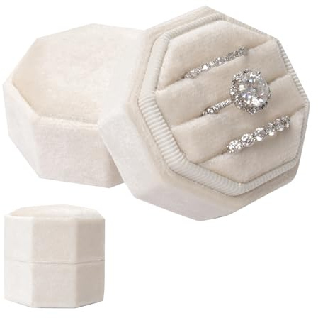 Gvhntk Velvet 3 Slots Jewelry Ring Box Vintage Octagon Ring Display Holder Gift Premium Gorgeous Case with Detachable Lid for Wedding Engagement Proposal Keepsake Ceremony (Beige)