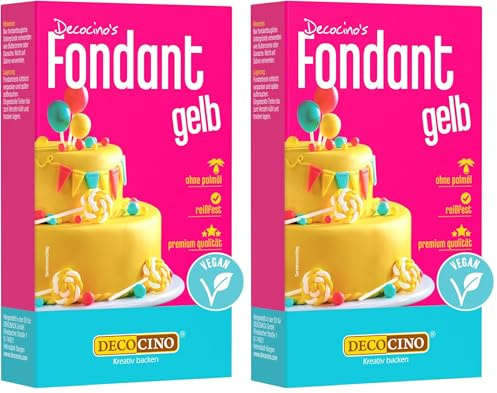 DECOCINO Fondant Gelb – 250 g – ideal zum Verzieren von Kuchen, Torten, Cupcakes – Palmölfrei & vegan (Packung mit 2)