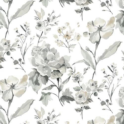 Fiula Papier peint autocollant motif fleurs 41 cm x 3 m gris et blanc imperméable vinyle salon chambre à coucher vintage amovible