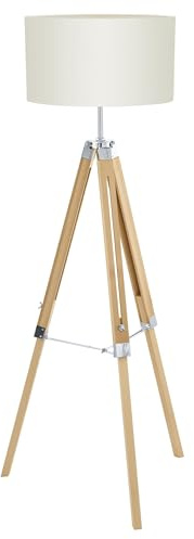 EGLO lámpara de pie Lantada, estilo vintage, de madera, acero y tela | lámpara de salón en color natural y beige, lámpara con interruptor, certificado FSC, bombilla E27
