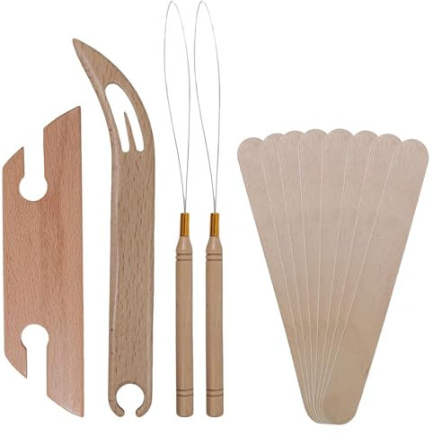 Generisch Strickwerkzeug Set, Webschiffchen, Nadeleinfädler mit Holzgriff, Buchenholz Strickschiffchen mit Schuppenstäben für Freunde Verwandte Anfänger, gestricktes -Bastelzubehör