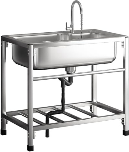Lavandino Commerciale da Appoggio per Ristoranti, Lavello da Esterno in Acciaio Inox con Rubinetti per Acqua Calda E Fredda E Ripiani di Stoccaggio Adatto A Ristoranti, Bar, Garage