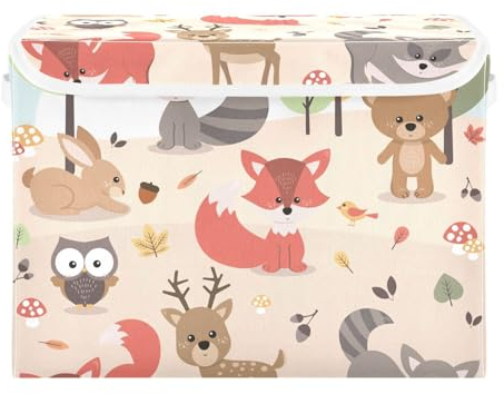 ISAOA Großer Spielzeugkorb mit Deckel, niedliche Waldtiere, Hirsch, Kaninchen, Bär, Fuchs, Waschbär, Vogel, Eule, Aufbewahrungskorb, zusammenklappbarer Organizer für Schlafzimmer, Spielzimmer, Decke,