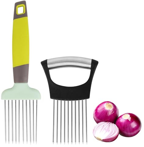 XCRPRT Soporte de Cebolla para Cortar Cebollas, 2Pcs Cortador de cebollas, Soporte de Rodajas de cebolla, Corta cebolla de Acero Inoxidable, Adecuado para Cortar Carne, Verduras, Frutas
