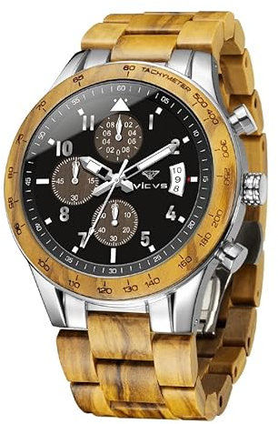 VICVS Armbanduhr aus Holz und Edelstahl für Herren, Chronograph mit 3 Zifferblättern, Quarz, Freizeit, Business, Multifunktionsuhr, aus Holz, handgefertigt