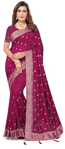 CRAFTSTRIBE Indischer Damen-Sari Vichitra, blühendes Magenta, schwere Zari-Stickerei, indische Saris mit ungesäumter Bluse
