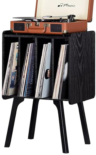 LELELINKY Tocadiscos de Madera con 4 casilleros, Mesa para Discos de Vinilo de Mediados de Siglo con Patas de Madera Maciza, Tiene Capacidad para 100 álbumes, salón,Negro