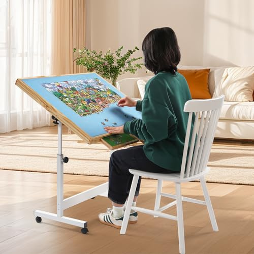 WESTHL Wooden Jigsaw Puzzle Folding Table for Adults,Jigsaw Puzzle Storage Tilting Table with Wheels & Cover,Portable Board for Games,Gift for Amateur (Blue 1500 Pcs with 2 Drawers)