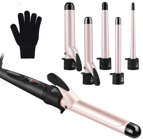Hair Curler - 5 in 1 Curling Tongs Curling Wand with 5 Interchangeable PTC Ceramic Barrels, Curling Iron Set for Long/Short Hair, with Anti-perm Head/Heat Resistant Glove/Adjustment Temp