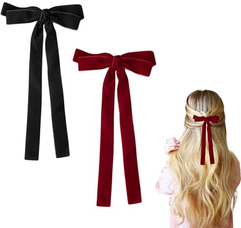 2 Stück Samt Schleife Haarspange, Lange Seidigem Satin Französisches Haarspangen mit Große Schleife Haarschmuck für Frauen ＆ Mädchen, Hochzeit, Weihnachten Haar, Geburtstag(Schwarz&Rote)