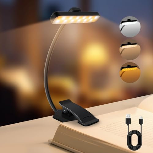karidi Lampada da Lettura con Clip Ricaricabile, 24 LED 3 Temperature di Luce, 5 Livelli Luminosità, 360° Regolabile, Batteria 1000mAh USB-C - Ideale per Letto, Libri e adulti (nero, standard)