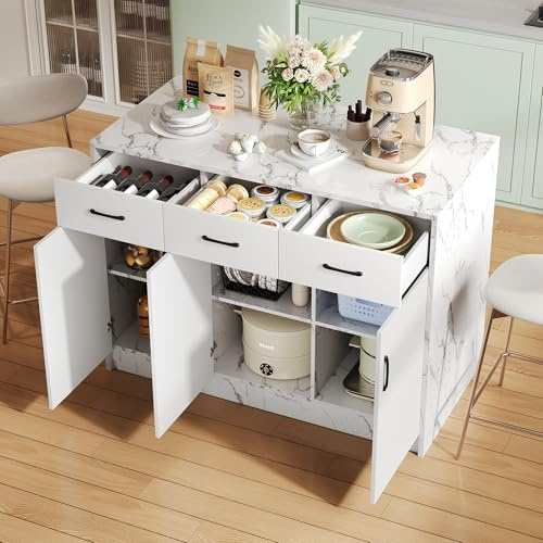 Gran isla de cocina, 3 cajones y 3 puertas, diseño de mármol blanco, estantes ajustables, ideal para cocinas familiares, diseño de área de bar - Utensilios de cocina elegantes y prácticos (Mármol