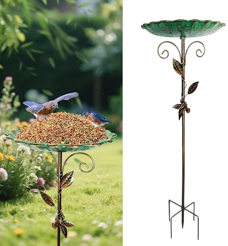 IGTOPS Piquet de sol 2 en 1 - Station d'alimentation sur pied - Bain d'oiseaux debout - Baignoire à oiseaux en métal antique - Bol d'alimentation et pavillon - Habitat - Abreuvoir d'eau pour oiseaux