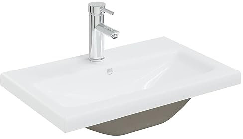Lavabo da incasso con rubinetto, 61 x 39 x 18 cm, in ceramica, colore bianco, moderno lavabo per bagno e cucina, durevole e facile da pulire