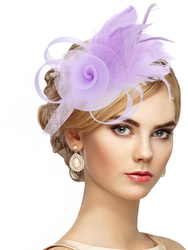 ETOFETE Women Wedding Feather Fascinator Headband Pillbox Hat Bridal Headdress Headpiece with Headband Hair Clip for Race Derby Ascot Pink Purple