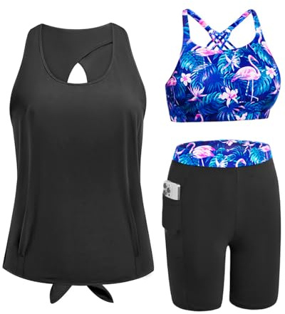 Daci Black Flamingo Women 3 Piece Tankini Swimsuits - Athletic Swim Tank Top with Bra Bathing Suit with Shorts Modest Swimwear 2026 XL