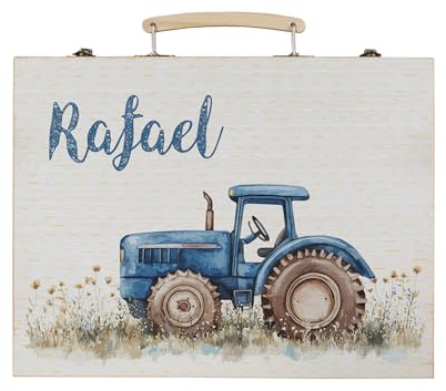 Striefchen® Malset für Kinder mit 66 Teilen – personalisiert mit Name oder Text – Designs für Jungen & Mädchen – Malkoffer mit Tragegriff – Geschenk zur Einschulung oder Geburtstag (Traktor)
