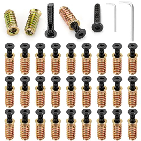30 Stück Gewindeeinsatz Holz, Schrauben Enthalten M6x30 mm, Flachkopfschrauben und Einschraubmuttern,Einschraubmutter,Einschraubgewinde Muttern für Holzmöbel mit 2 Pcs Sechskantschlüssel Schraubgewind