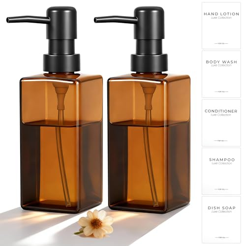 Hejo 2 Stück Seifenspender Glas Braun mit Pumpe, 350ml Pumpspender aus Glas | Seifenflasche mit Etikettenaufkleber, Wiederverwendbarer Handseifenspender, Vielseitiger Glasspender für Küche, Bad, Dusche