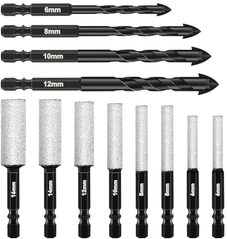 ATPWONZ 12 Stück Fliesenbohrer Glasbohrer Set, 8Pcs Diamantbohrer 6/8/10/12/14/16mm und 4Pcs Fliesenbohrer Set mit Sechskantschaft 6/8/10/12mm für Ziegel, Glas, Keramik, Granit