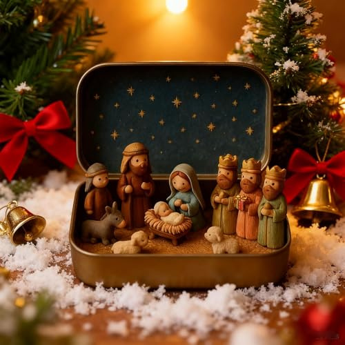 Aakluk Handcrafted Pocket Nativity Scene Gift Tin | Mini-Weihnachtskrippenset In Einer Blechdose Heilige Schafe Und Jesus Figuren Dekors| Für Zuhause, Büro, Schlafzimmer, Bücherregal, Kirche