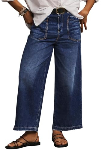 Eytino Womens Plus Size Jeans High Waisted Tummy Control Wide Leg Jeans Baggy Stretchy Pockets Front Denim Pants,5X Bluing