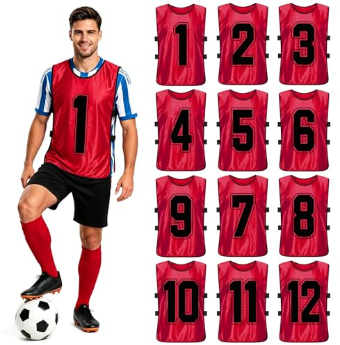 BORDEAG Fußball Leibchen, 12 Stück Fußball Trainingsweste, Fussballtraining Leibchen, Wendbare Nummerierte Trainingsleibchen Mit Nummern Für Football, Basketball, Handball, Volleyball (Rot)
