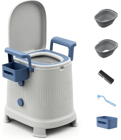 CISSIYOG Toilette portatile da campeggio, sedia da toilette portatile con schienale e braccioli, WC portatili con coperchio, include secchio rimovibile, porta carta, capacità 150 kg, toilette da