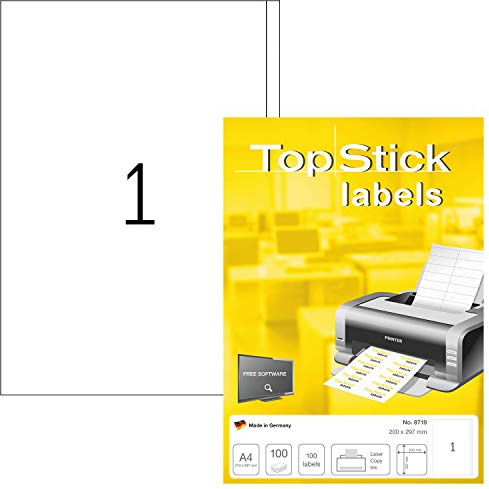 TopStick 8719 universella etiketter A4 stora (200 x 297 mm, 100 ark, papper, matt) självhäftande, utskrivbara, permanenta adressetiketter, 100 klistermärken, vit