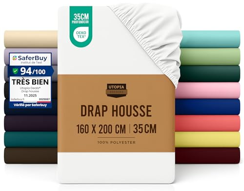 Utopia Bedding Drap Housse - Blanc, 160 x 200 cm - Certifié Oeko-Tex - Bonnets 35 cm pour Matelas Épais - Polyester Microfibre brossée