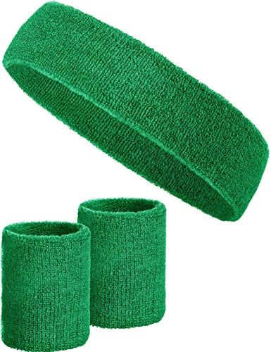 3-delat svettbandsset med 2x svettband för handleder + 1x pannband för kvinnor & män (mörkgrön)