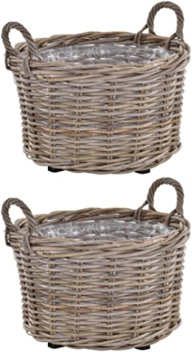 Set / 2 Rattan Pflanzkorb Grau Rund Übertopf geflochten mit Griffen Garten Pflanzen Deko-Korb Bepflanzen (Ø44 H 27 cm Mit Folie, Holzständer)