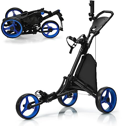 COSTWAY Carrello da Golf Pieghevole con 3 Ruote, Struttura in Alluminio, Cinghia Elastica, Portaombrello Regolabile e Porta Bicchiere, Segnapunti e Freno a Pedale (Blu)