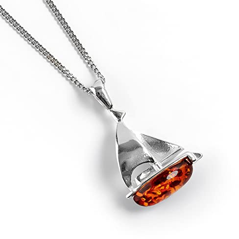 HENRYKA Sailboat Yacht Necklace in 925 Sterling Silver, Baltic Amber | Sailing Gifts | Ocean Sea-Life Jewellery