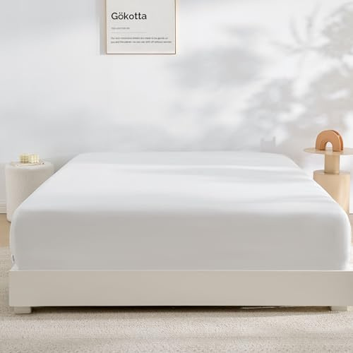 GOKOTTA Fitted Sheet Queen Only,100% Rayon Derived from Bamboo Fitted Sheet,Ultra Soft,Cooling and Breathable Bottom Sheet with 4 Elastic Corner Straps,No Slip,No Pilling,16 Deep Pocket-Bright White