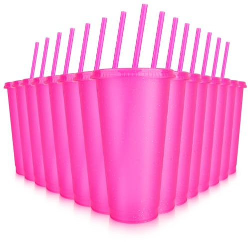 Hxezoc 16 bicchieri riutilizzabili con coperchio e cannucce, in plastica glitterata, da 680,4 g, tazze da viaggio per frullati, succhi, spiaggia, addio al celibato (fucsia)