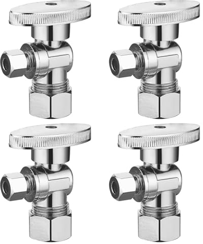 (4 Pack) BH Angle Stop Valve 1/2 Nominal Comp x 3/8 OD Comp, Quarter Turn Angle Stop Valve, Chrome Plated Brass, for Bathroom Toilet Kitchen Shower Plumbing