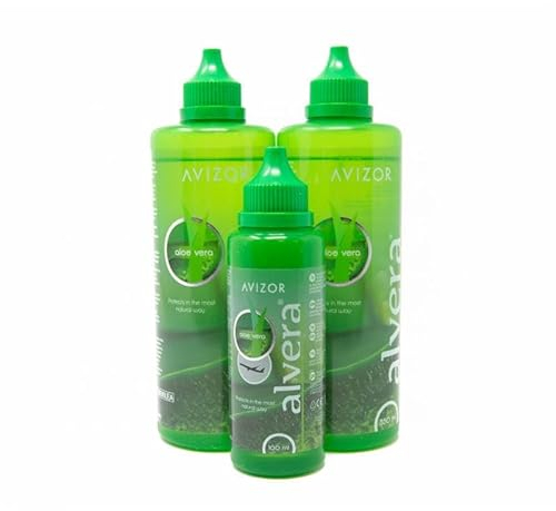 Avizor Alvera - Lens Solution with Aloe Vera - Pack 2x350ml + 100ml Travel Bottle - Lens Cleaning and Disinfection with Aloe Vera - Suitable for All Types of Soft Contact Lenses