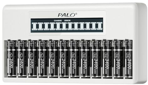 Palogreen 12 Pezzi 3400mWh Batterie AA Litio Ricaricabili con Caricabatterie - 12 Slot Intelligente LCD Caricabatterie Con cavo di ricarica rapida USB Typ-C per Pile AA AAA 1.5V