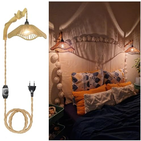 YNDD 2er Set Wandleuchte Rattan Boho mit Stecker und Schalter, Dimmbar Wandlampe Innen Holz Rustikal Retro mit 3m Hanfseil Kabel E27 Vintage Wandlicht für Schlafzimmer Wohnzimmer Flur Wandbeleuchtung