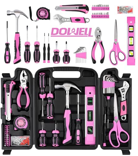 Dowell, kit di attrezzi per la riparazione domestica da 123 pezzi in rosa per donne e ragazze - Kit di attrezzi fai da te tutto in uno con impugnature ergonomiche, scatola degli attrezzi resistente