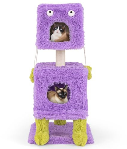 COSTWAY Arbre à Chat Design 111 cm, Tour pour Chat en Forme de Monstre, 3 Étages, 2 Condos avec Toit Amovible, Poteaux à Griffer en Sisal, Grand Arbre à Chat Intérieur, Jouets Suspendus, Violet