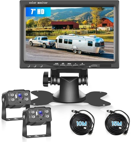 Caméra de Recul 1080P HD Moniteur IPS 7 Pouces Kit 2 caméras, Camera Recul Voiture Étanche IP68 IR Vision Nocturne pour Camions, Bus, Camionnettes, Camping-Cars, Câble 10M+Câble 15M