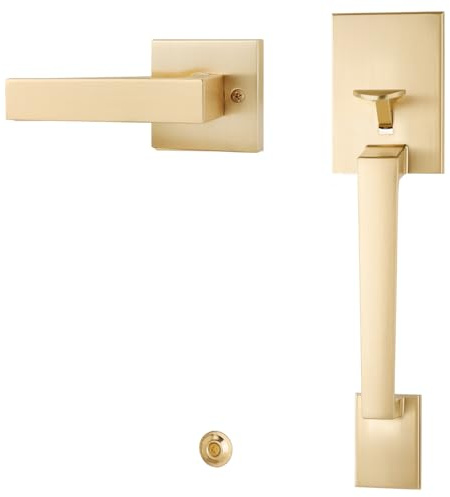 EHOMEWARE Front Door Handle Set, Brushed Gold, Satin Brass, Zinc, 1-3/8 to 1-3/4 (35 mm 45 mm), Modern, Square, Ambidextrous, No Lock