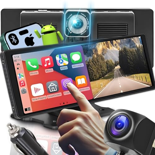 Retoo Wireless CarPlay Android Auto Display 10,3 Zoll IPS mit SD 64GB-Karte Gratis, Rückfahrkamera, Touchscreen, für Alle KFZ, Dashcam Bluetooth, FM-Transmitter, AUX, Plug&Play, Hohe Auflösung