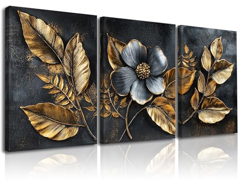 PIY PAINTING Quadri Murali Con Fiori, Foto Su Tela Nero e Oro, Canvas Stampe Di Piante, Tele Da PareteFacile Da Appendere Per Soggiorno Ufficio Sala Riunioni Corridoio, 3x 58x40 cm (58x120 cm)